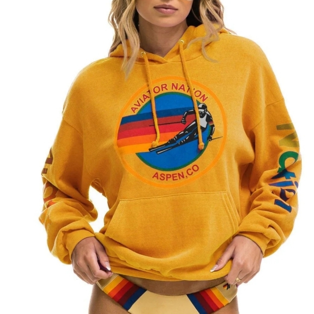 Aviator Nation Aspen Relaxed Pullover Hoodie Ski Graphic Gold